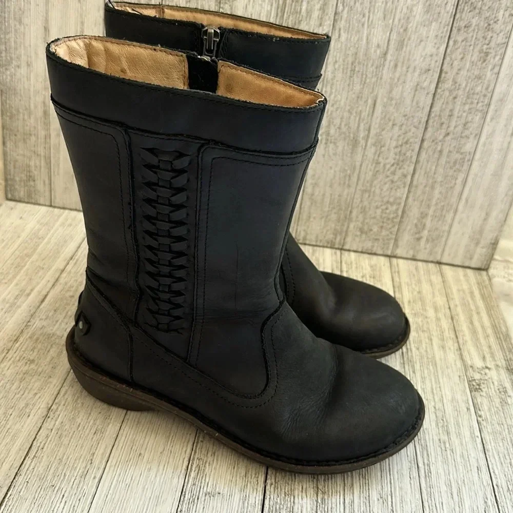 UGG Black Leather Mid Calf Wool Lined Side Zip Braid Detail Kaleen Boots